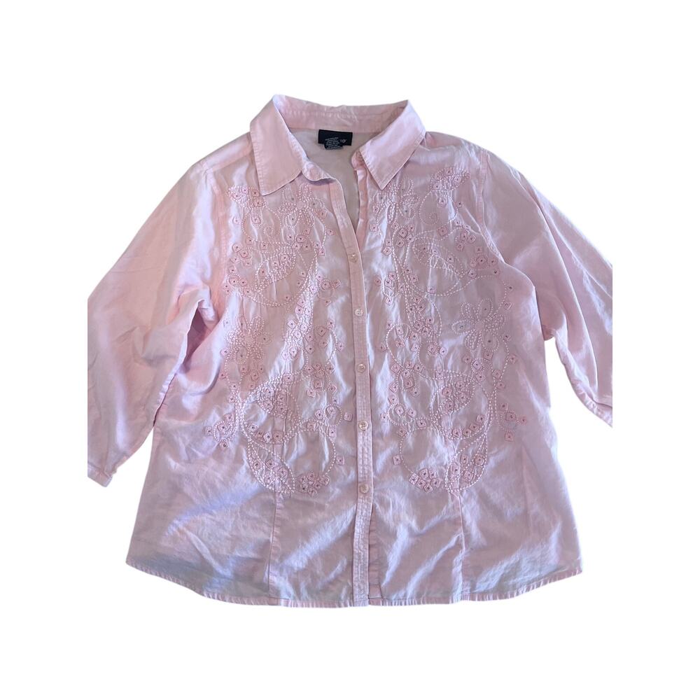 Avenue Pink Embroidered Floral Button Front Cotton Shirt 14/16 Boho Cottagecore